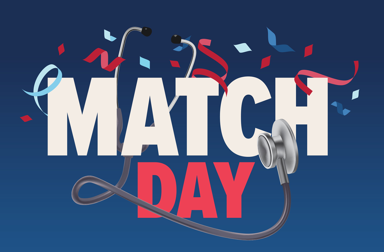 A graphic for Match Day with a stethoscope and confetti