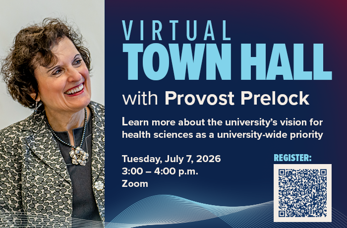 A graphic for the Virtual Town Hall with Provost Prelock