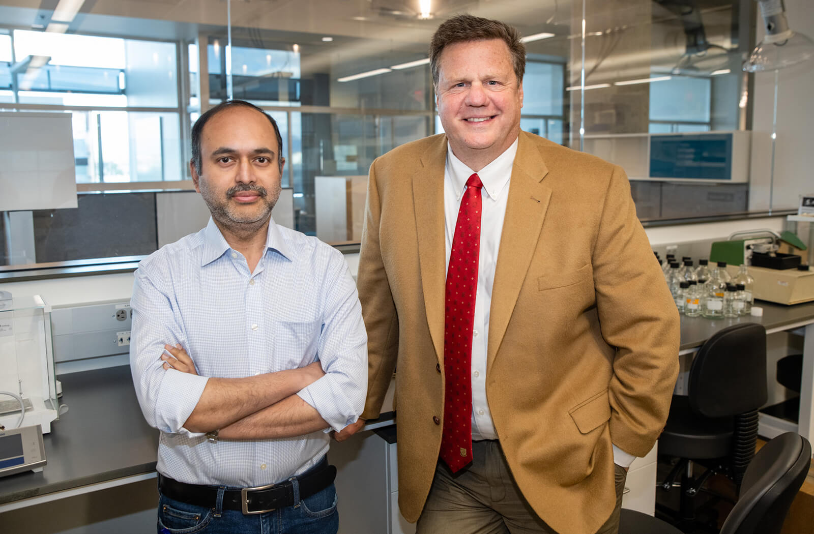 Ayanabha Chakraborti, PhD, assistant research professor in the Department of Translational Neurosciences Department and one of the lead authors on the study, with James A. Bibb, PhD