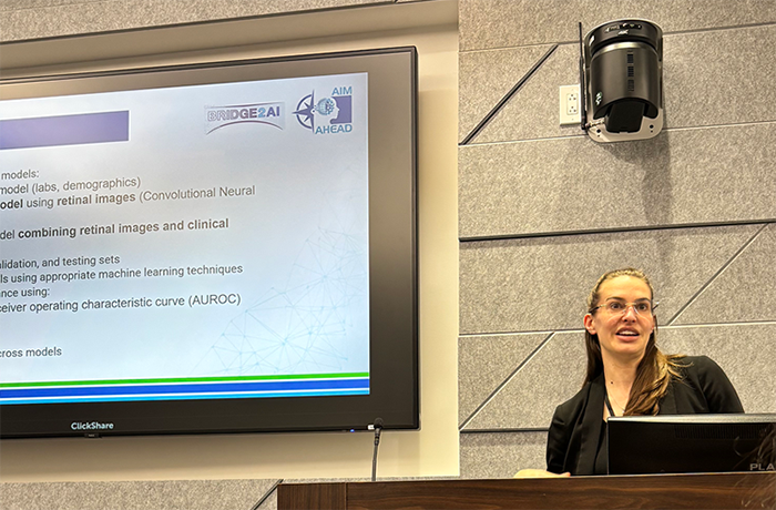 Clinical Informatics fellow Jennifer Fernandez, MD, presents her research work in the Lightning Pitches” at the 2026 Bridge2AI All-Hands Meeting.