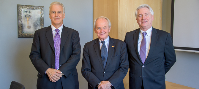 William Cance, MD left, Sir Murray Brennan, MD center, Dean Guy Reed, Md, MS right 