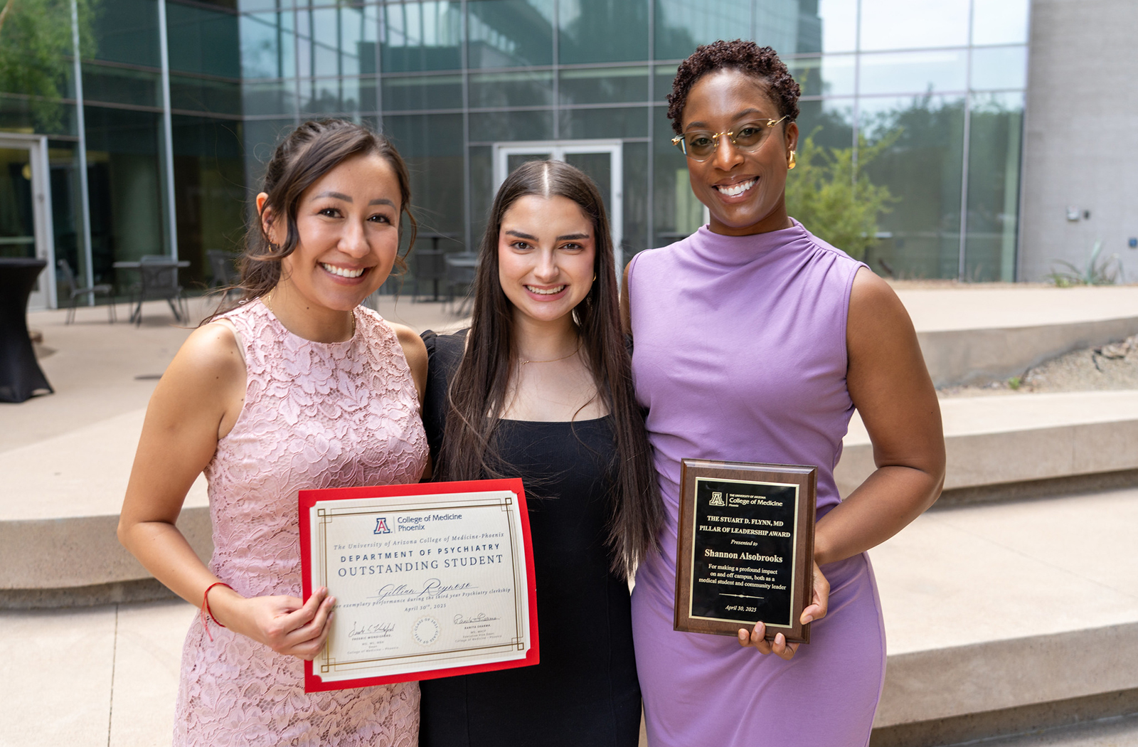 Gillian Reynoso, MD, who was honored with the Department Award for Psychiatry, and Shannon Alsobrooks, MD, winner of the Stuart D. Flynn, MD, Pillar of Leadership, posed with fellow graduate Lara Aguiar at the event.