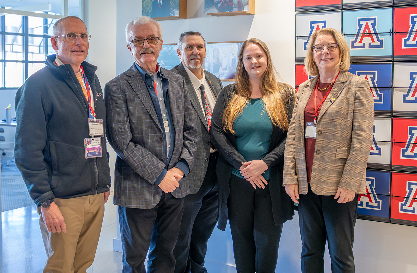 Michael Fallon, MD, chair of the Department of Internal Medicine, Chris Glembotski, PhD, John S. Garcia, MBA, CPM, program director at the Arizona Biomedical Research Centre, Kealyn McCool, MS, program manager and deputy director of the Arizona Biomedical Research Centre, and Mary O'Reilly, PhD, vice president of Bioscience Research Programs at the Flinn Foundation