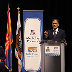 University of Arizona President Suresh Garimella delivers remarks to celebrate the announcement of the nation's first MD-granting medical school branch located on the lands of a sovereign Tribal Nation with the Gila River Indian Community. (Chris Richards/University Communications)