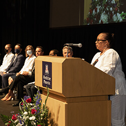 Pamela Davis, MD, delivering her keynote address during the ceremony