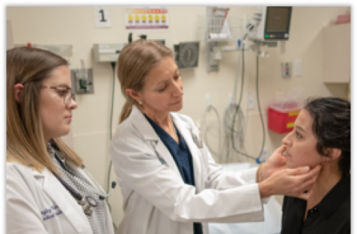 A Faculty Member Examines a Patient as a Medical Student Observes