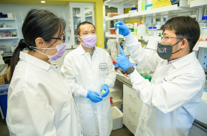 Dr. Dai in His Lab Looking at a Sample with Two Other Research Technicians