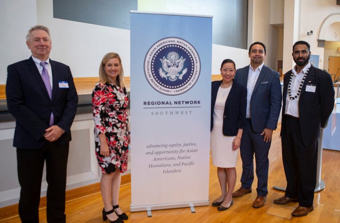 Dean Guy Reed, MD, MS, Mayor Kate Gallego, Krystal Ka’ai, executive director of the WHIAANHPI, associate dean of Equity, Diversity and Inclusion Francisco Lucio, JD, and Ben Raju, U.S. Small Business Administration 
