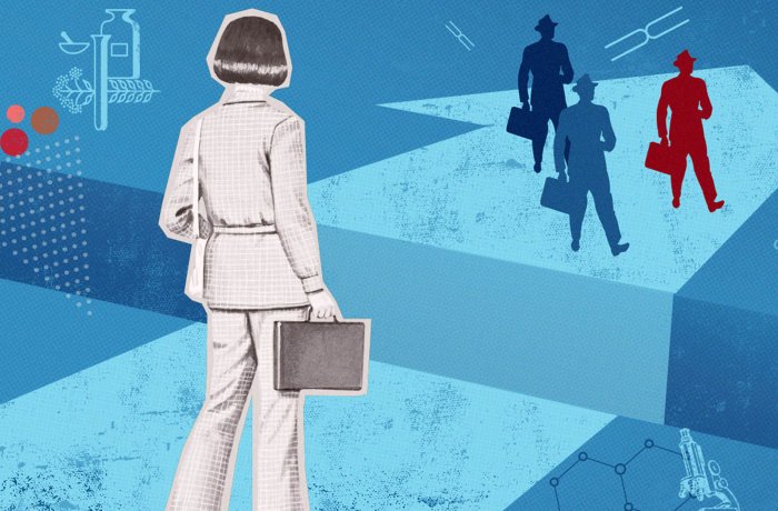 A graphic representing a woman entering the male dominated workspace