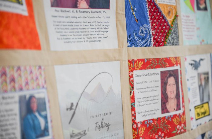 The Covid Memorial Quilt is a traveling exhibit featuring squares honoring those who died of COVID-19