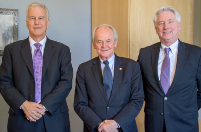 William Cance, MD left, Sir Murray Brennan, MD center, Dean Guy Reed, Md, MS right 