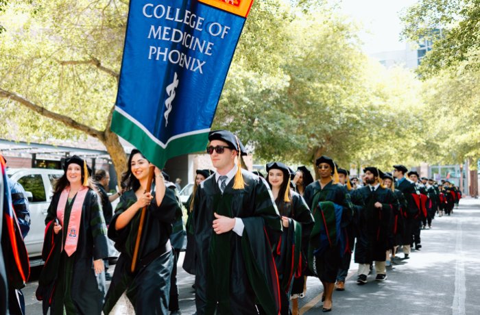 Led by a bagpipe and drum corps, the Class of 2025 processed through downtown Phoenix into their Convocation ceremony.