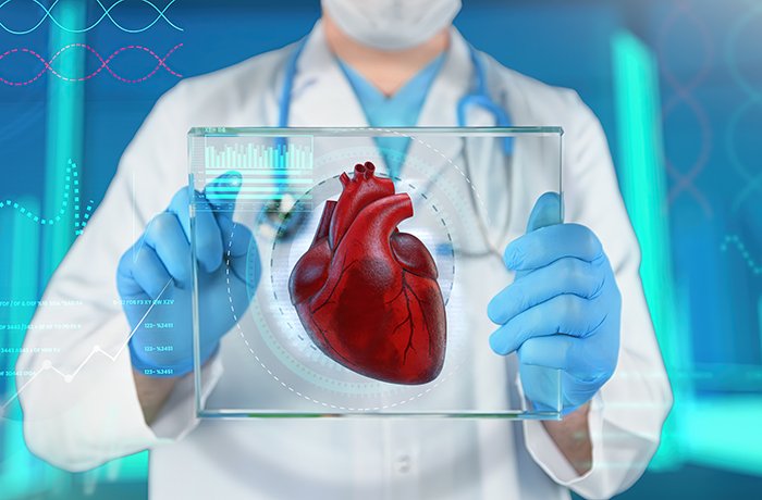 A graphic of a doctor examining a digital heart