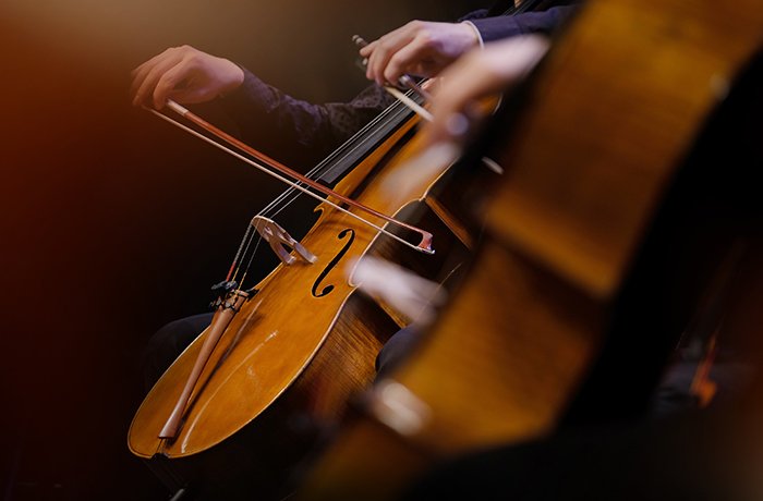 A pair of cellos are played in an orchestra