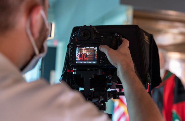 Behind-the-Scenes: Dean Reed Records His Remarks Prior to the Virtual Commencement Ceremony