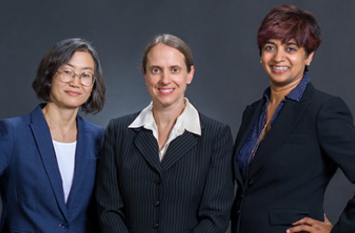 Suwon Kim, PhD (left), Karen Taraszka Hastings, MD, PhD (center) and Aparna Sertil, PhD (right)