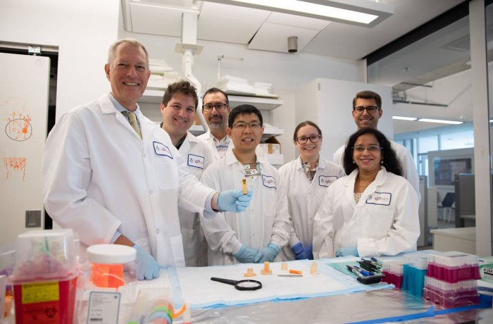 From Left to Right: Frederic Zenhausern, PhD, MBA, Jerome Lacombe, PhD, Ali Fattahi, PhD, Jian Gu, PhD, Kaitlyn Janssen, Undergraduate Biomedical Engineering Student at ASU, Jasmine Devadhasan, PhD, and Alexander Summers