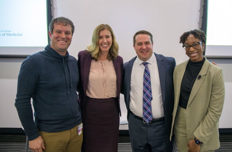 Will Heise, MD, Kathleen Brite, MD, Christian Dameff, MD, graduate from the Class of 2014, and Shannon Alsobrooks, a medical student in the Class of 2025