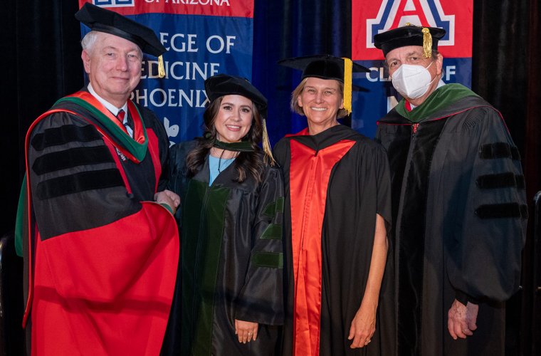 Guy L. Reed, MD, MS, Hayley Kiernan, MD, Provost Liesl Folks, PhD, MBA, and Michael Dake, MD, Senior Vice President for UArizona Health Sciences Guy L. Reed, MD, MS, Hayley Kiernan, MD, Provost Liesl Folks, PhD, MBA, and Michael Dake, MD, Senior Vice President for UArizona Health Sciences